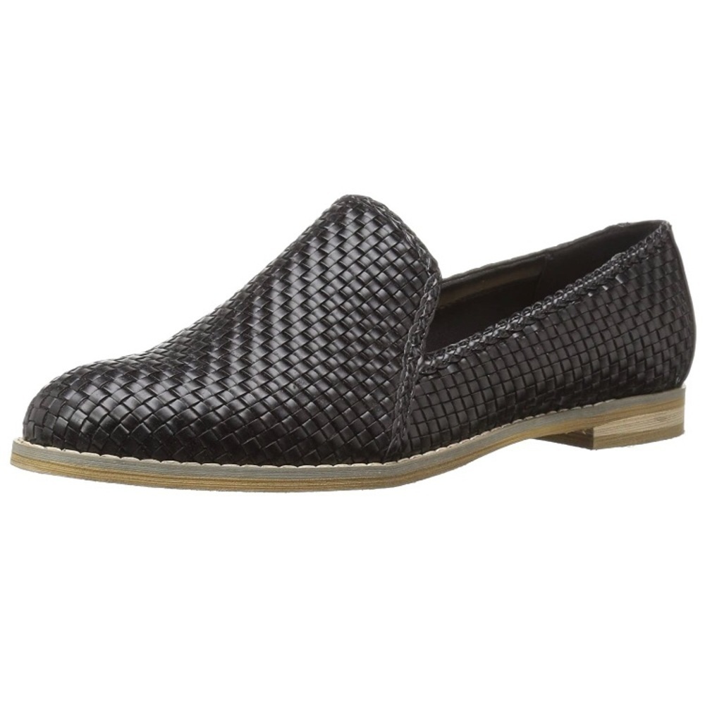 Indigo Woven Leather Loafers in Black with Tan Sole
